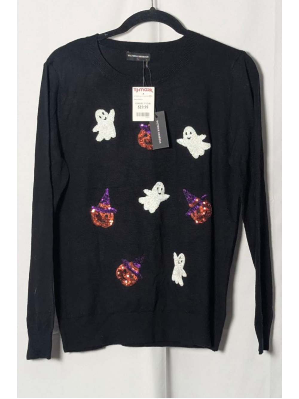 Victoria Harbour Halloween Sweater Black Sequin Ghost Pumpkin Size Large NWT
